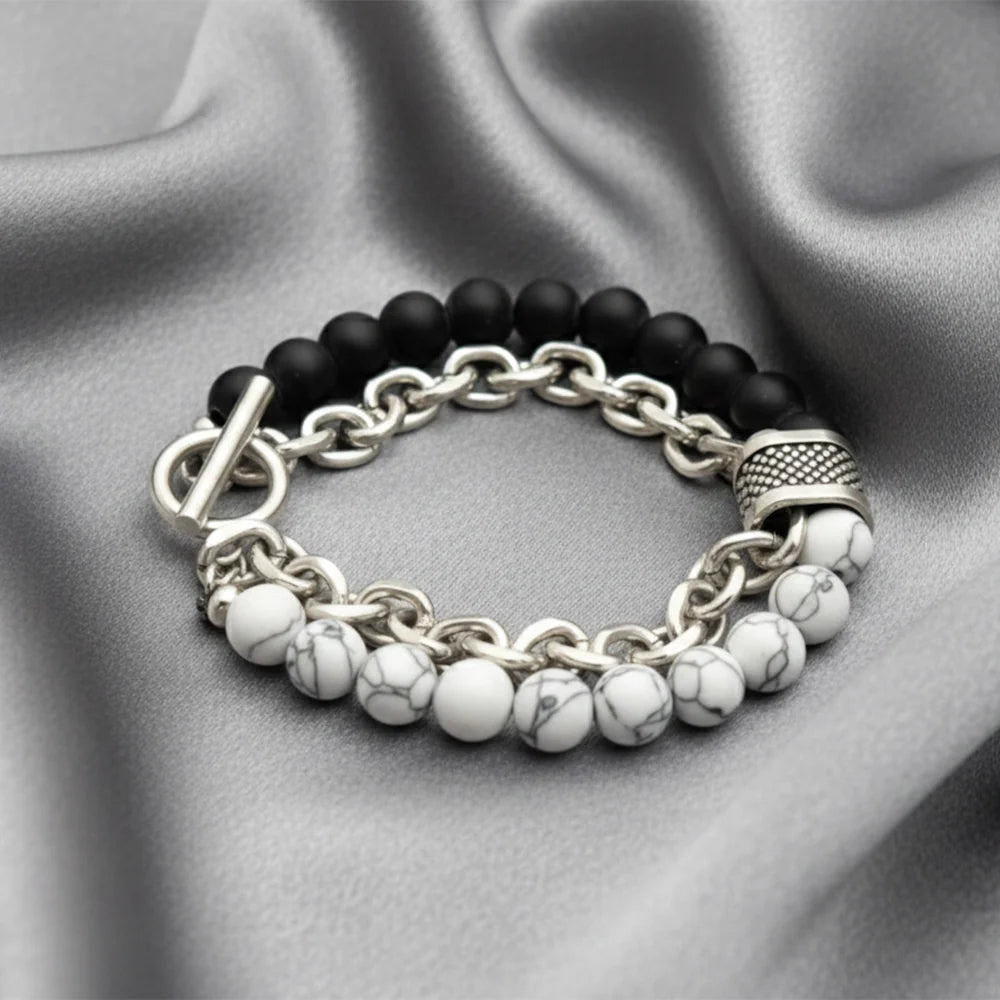 Dual Layer Beaded & Chain Bracelet for Men