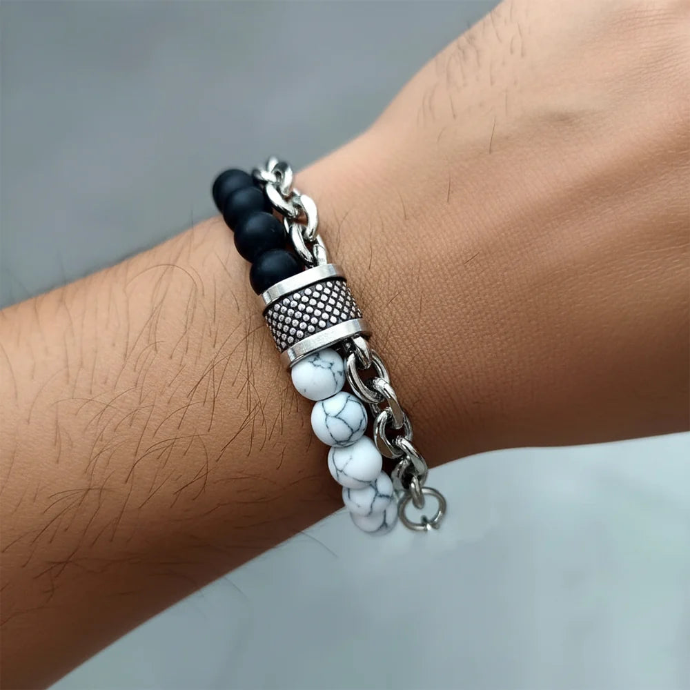 Dual Layer Beaded & Chain Bracelet for Men