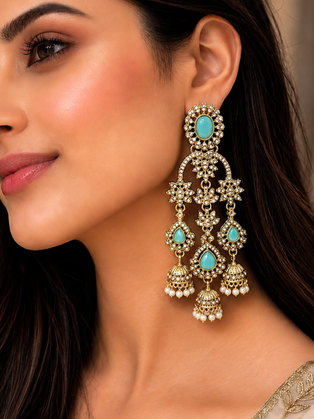 Turquoise Kundan Polki Jhumka Earrings