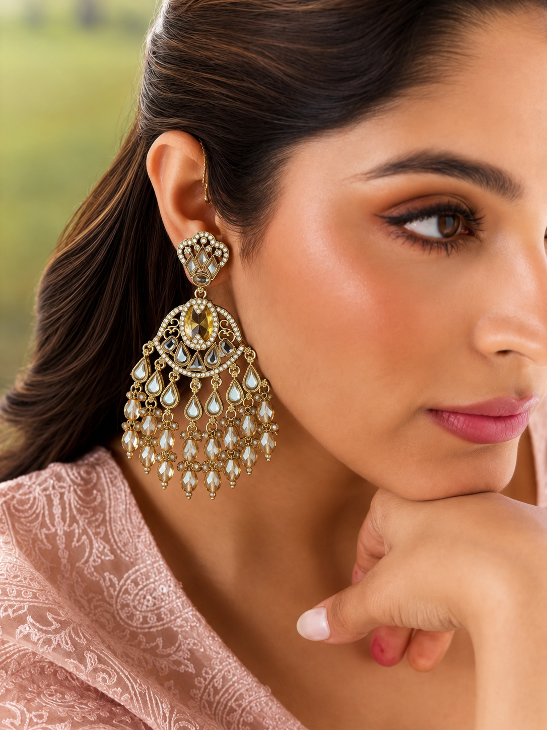Antique Gold Kundan Chandbali Earrings