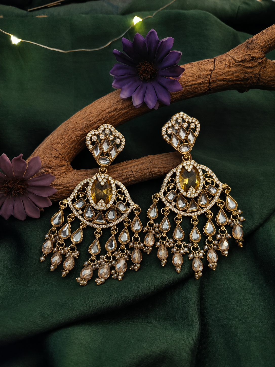 Antique Gold Kundan Chandbali Earrings
