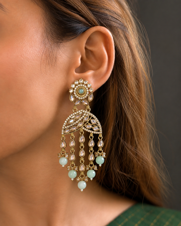 Mint Green Kundan Pearl Drop Earrings