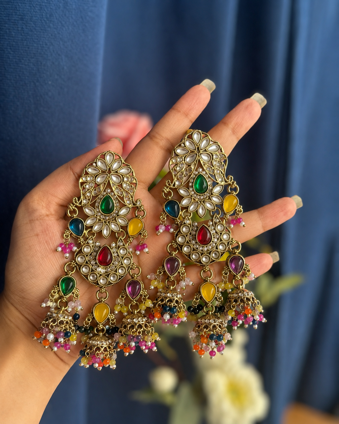 Multicolor Kundan Stone & Jhumka Earrings