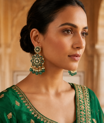 Emerald Green Floral Kundan Dangler Earrings