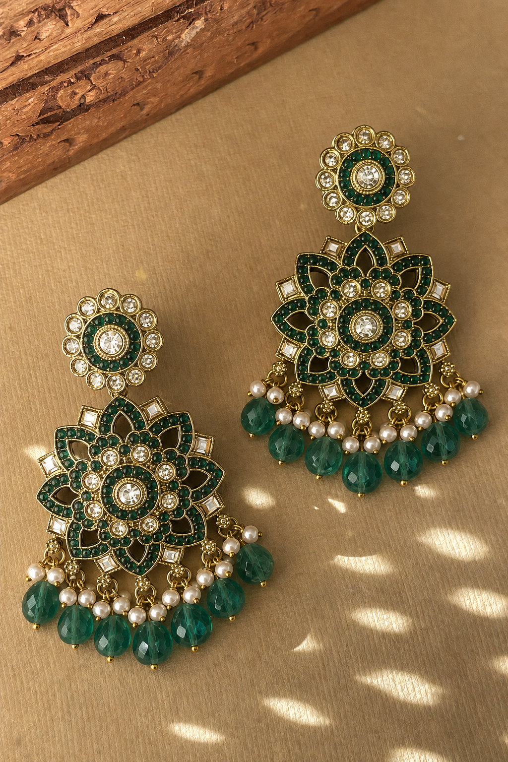 Emerald Green Floral Kundan Dangler Earrings