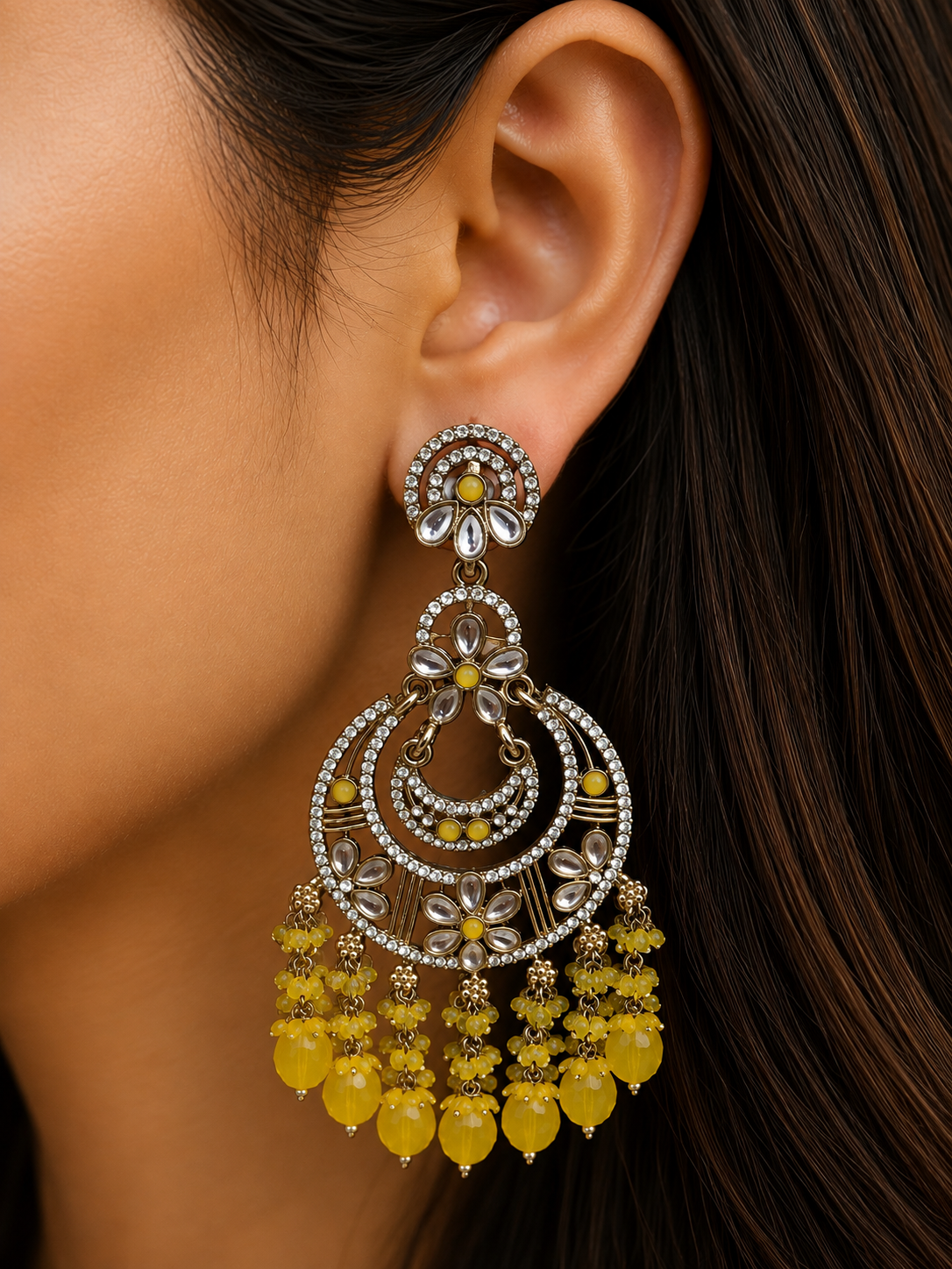 Yellow Pearl Chandbali Earrings