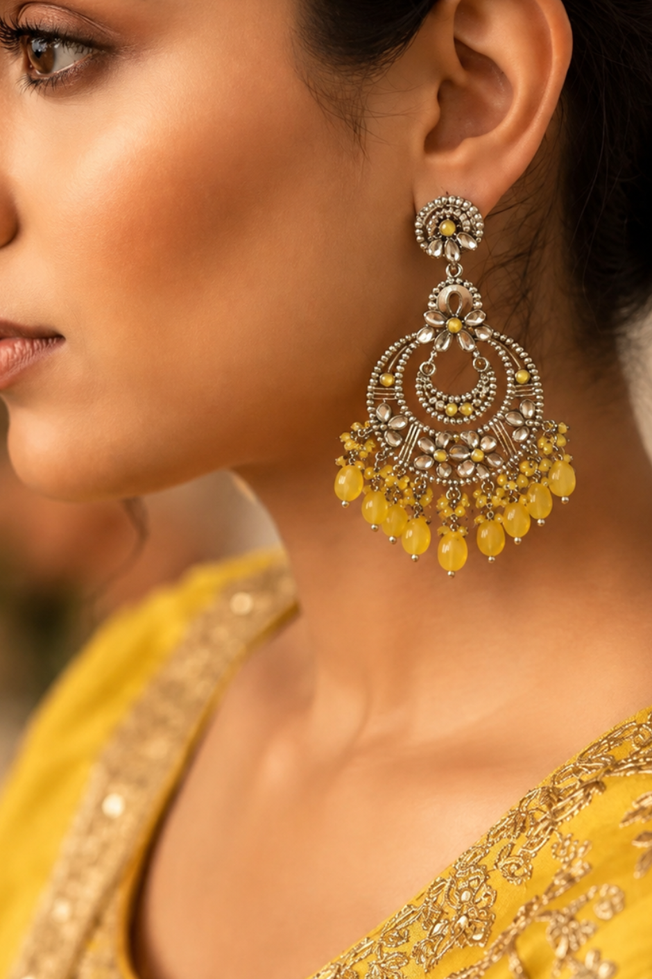 Yellow Pearl Chandbali Earrings