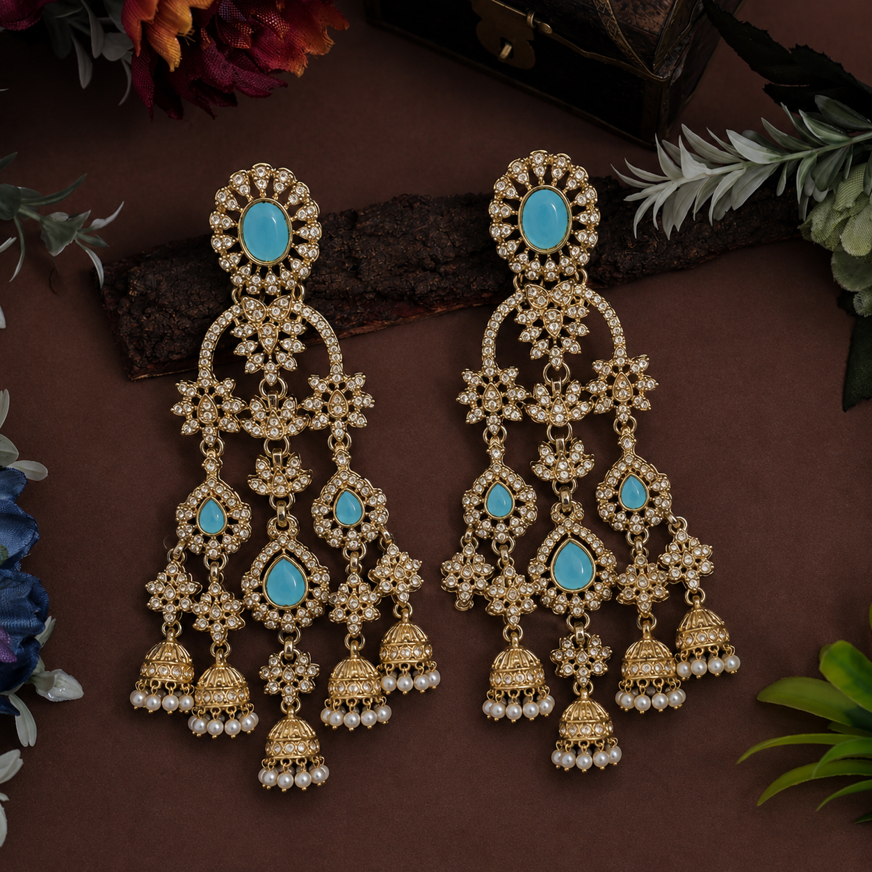Turquoise Kundan Polki Jhumka Earrings