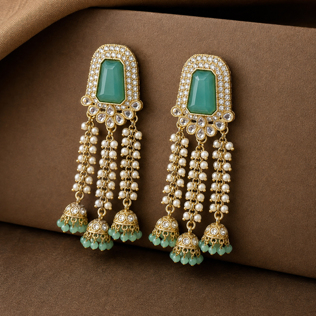 Emerald Green Kundan Pearl Drop Earrings