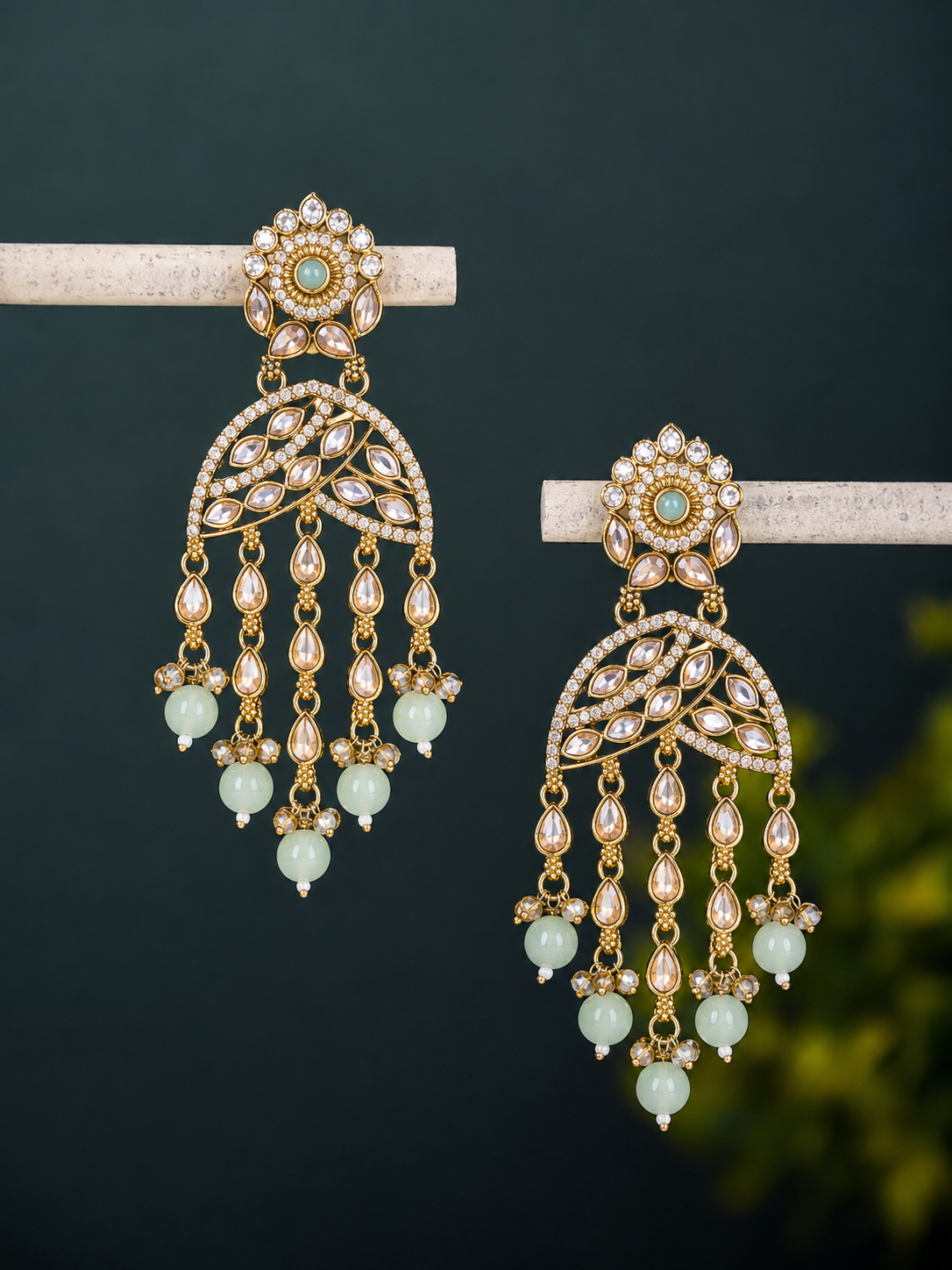 Mint Green Kundan Pearl Drop Earrings