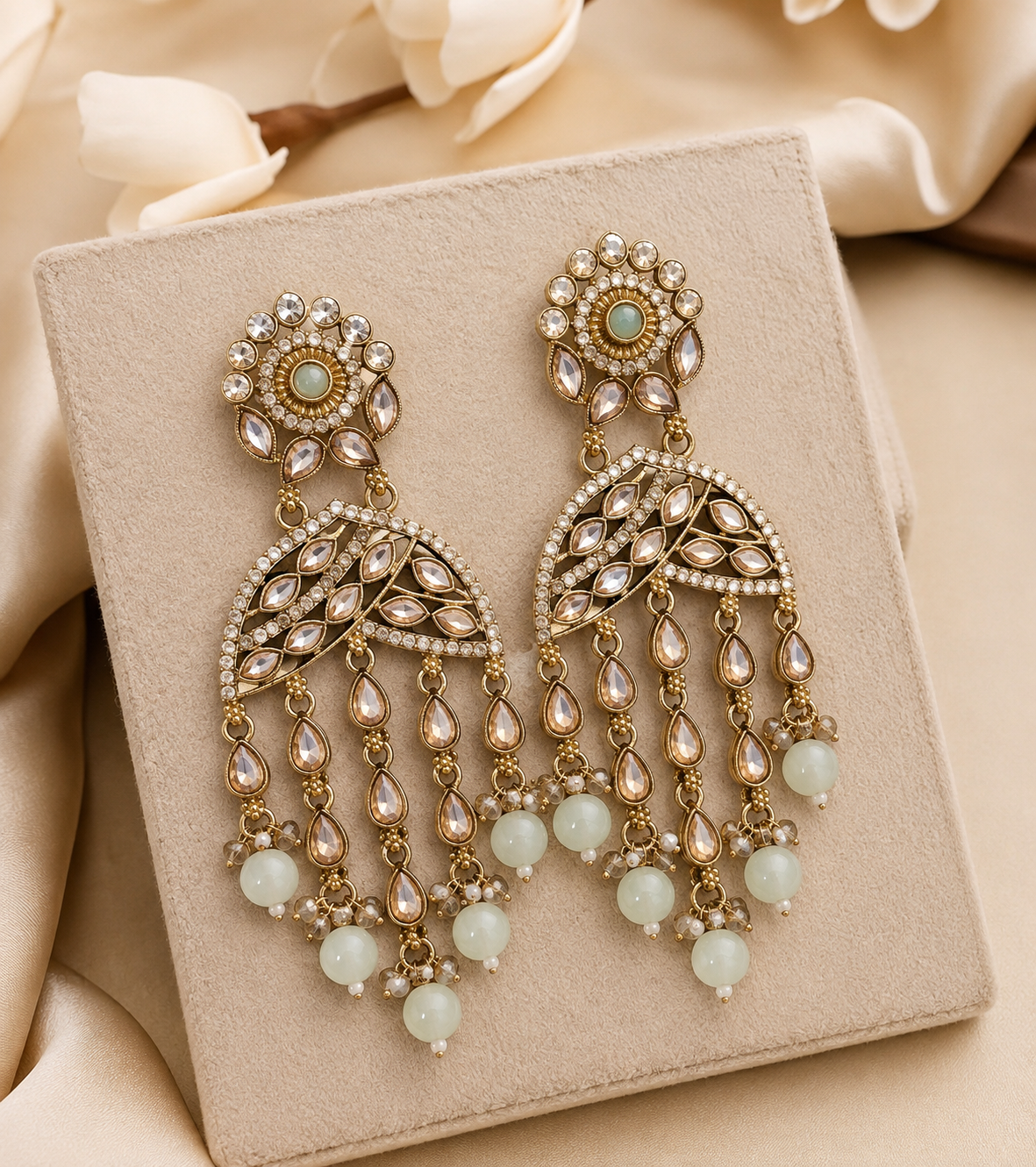 Mint Green Kundan Pearl Drop Earrings