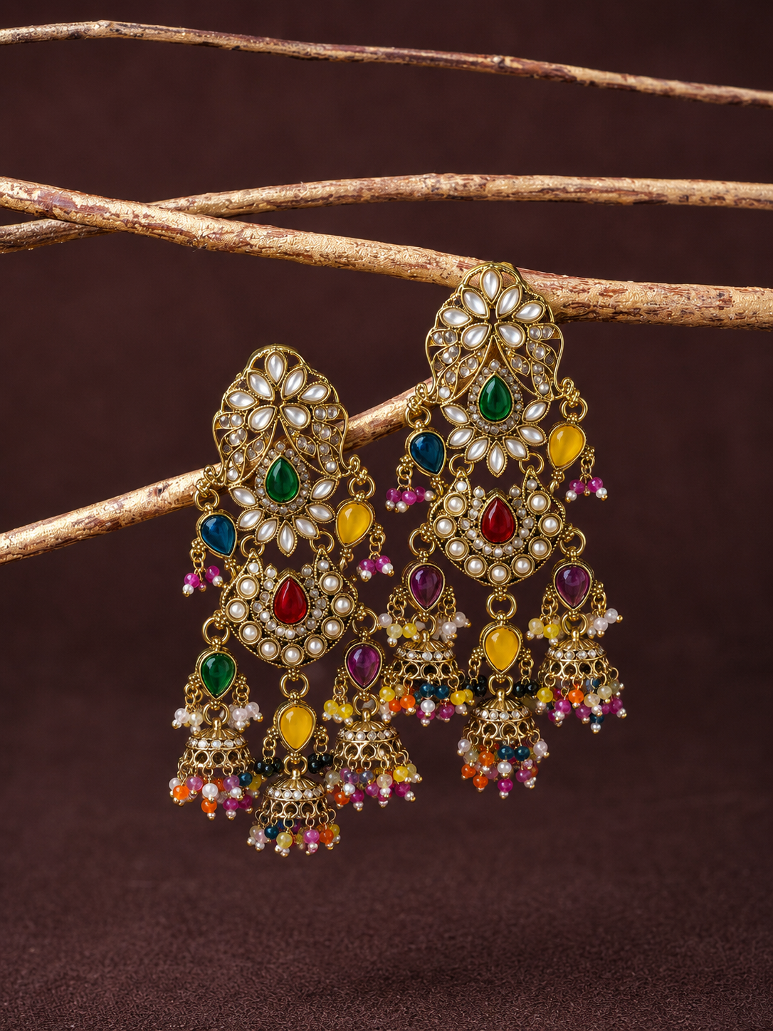 Multicolor Kundan Stone & Jhumka Earrings