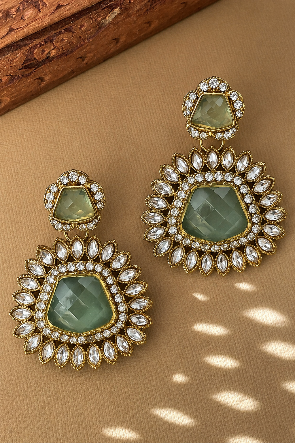 Green Stone Kundan Floral Earrings