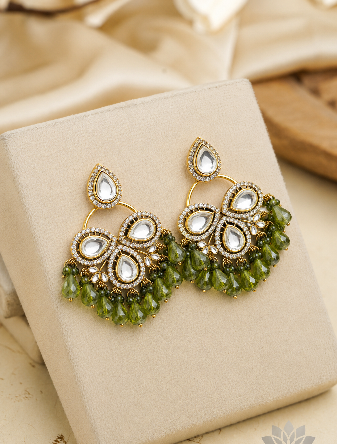 Olive Green Kundan Teardrop Earrings
