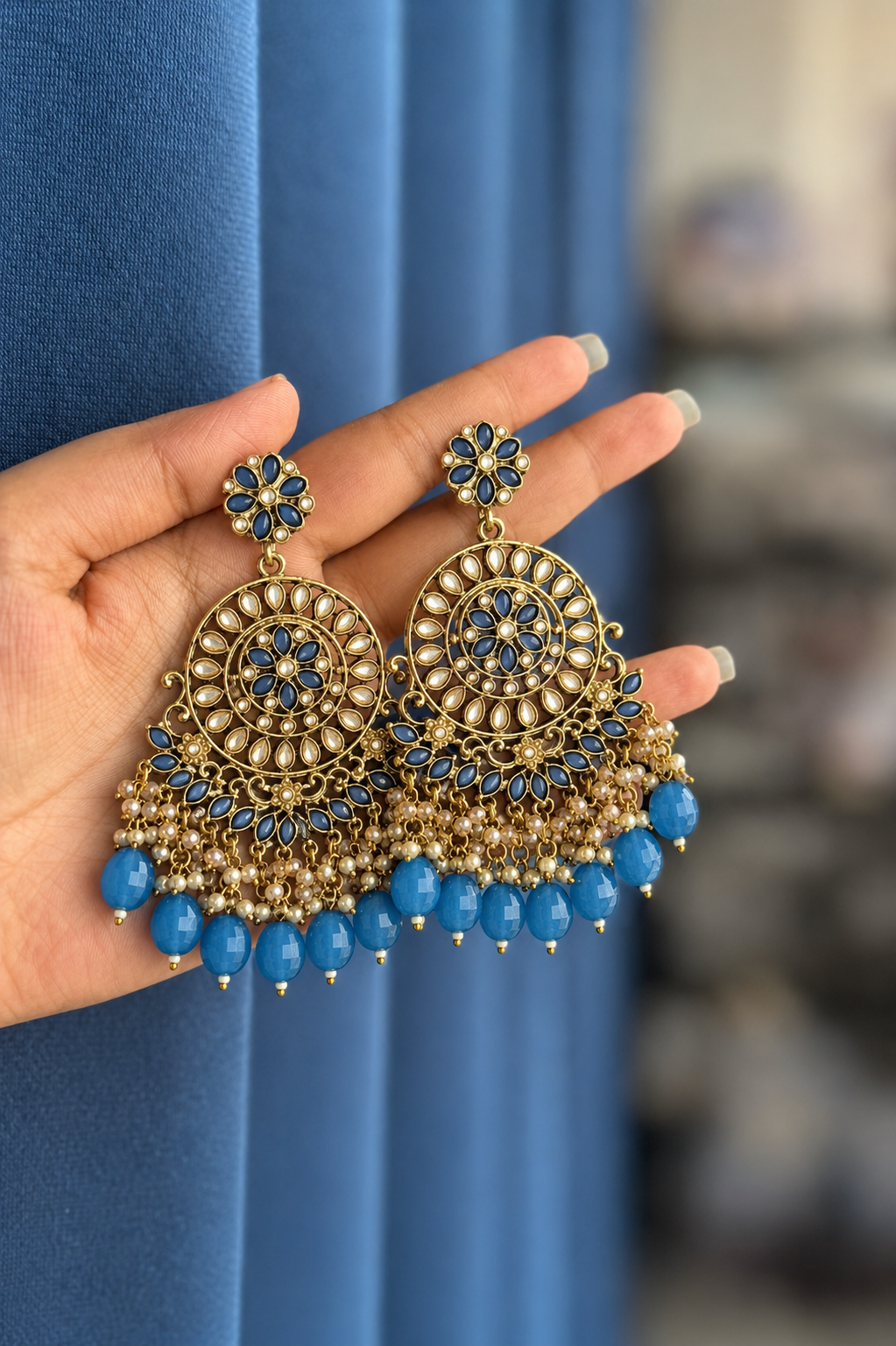 Blue Kundan Chandbali Earrings