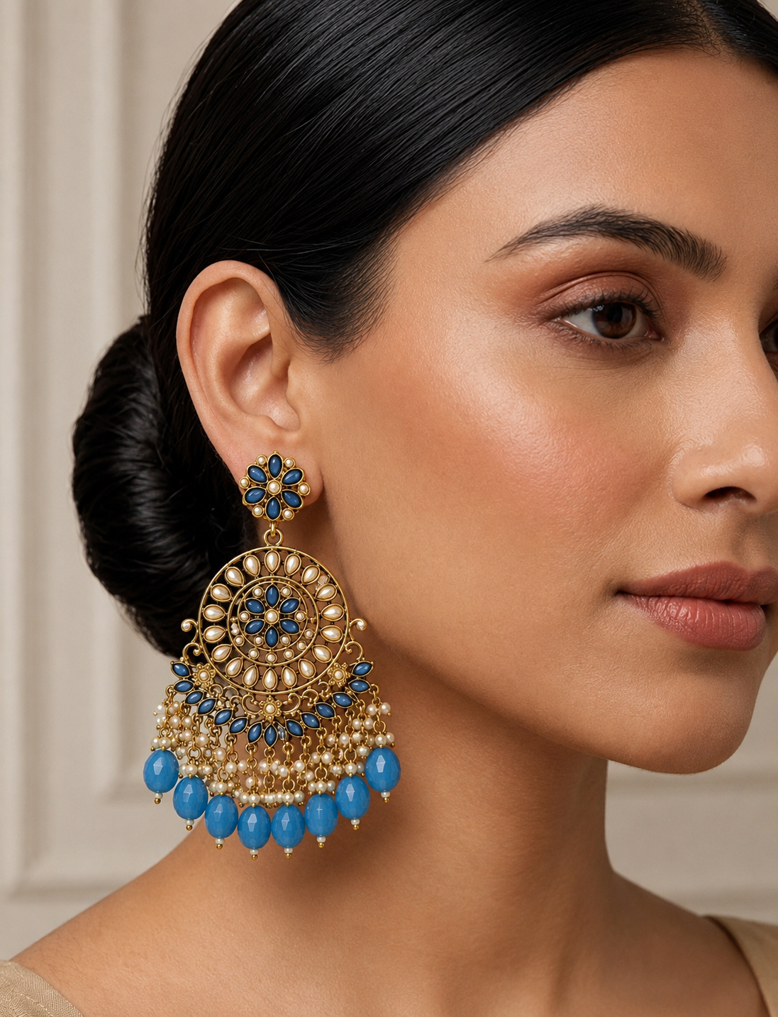 Blue Kundan Chandbali Earrings