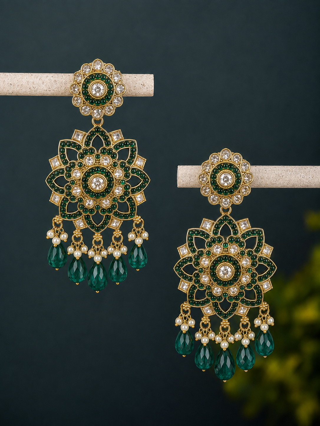 Emerald Green Floral Kundan Dangler Earrings