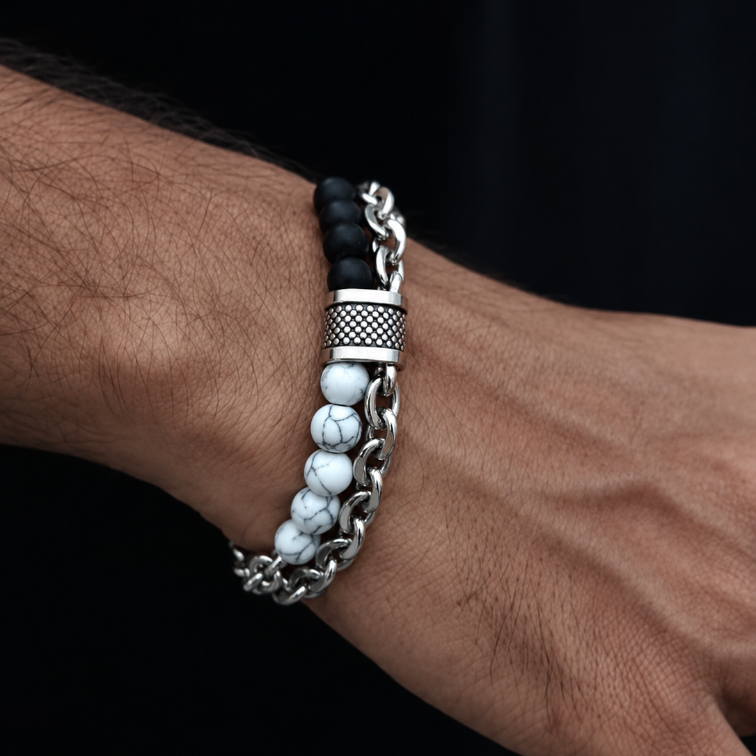 Dual Layer Beaded & Chain Bracelet for Men