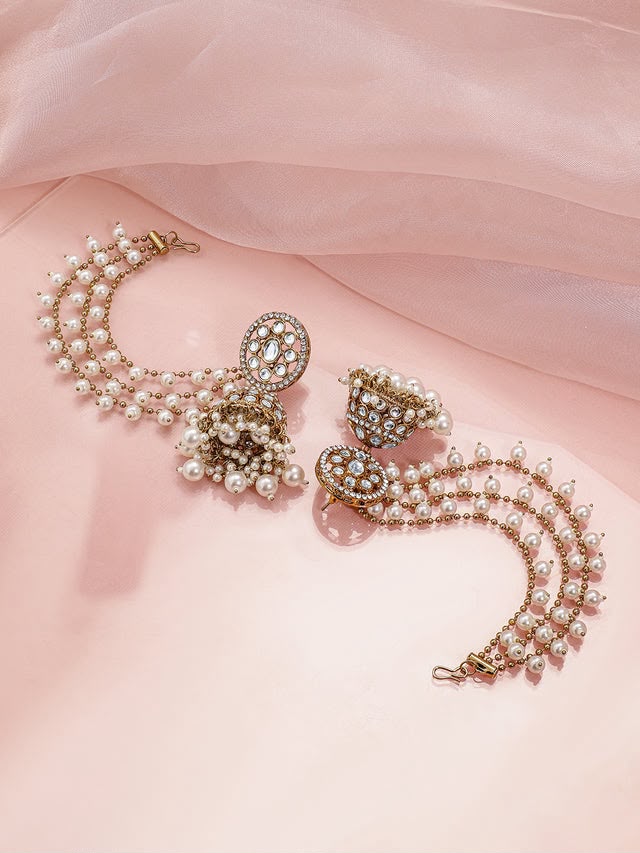 Splendid White Kundan Jhumka With Kaan Chain