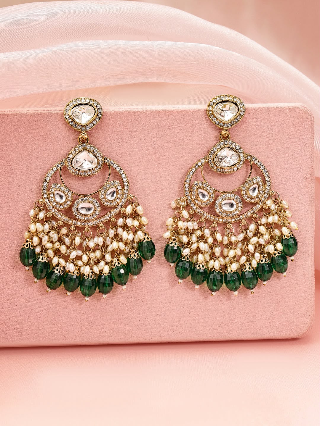 Ethnic Glow Green White Kundan Chandbali