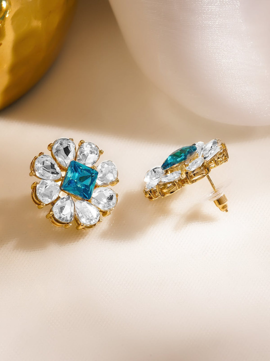 Blue & White Crystal AD Floral Stud Earrings