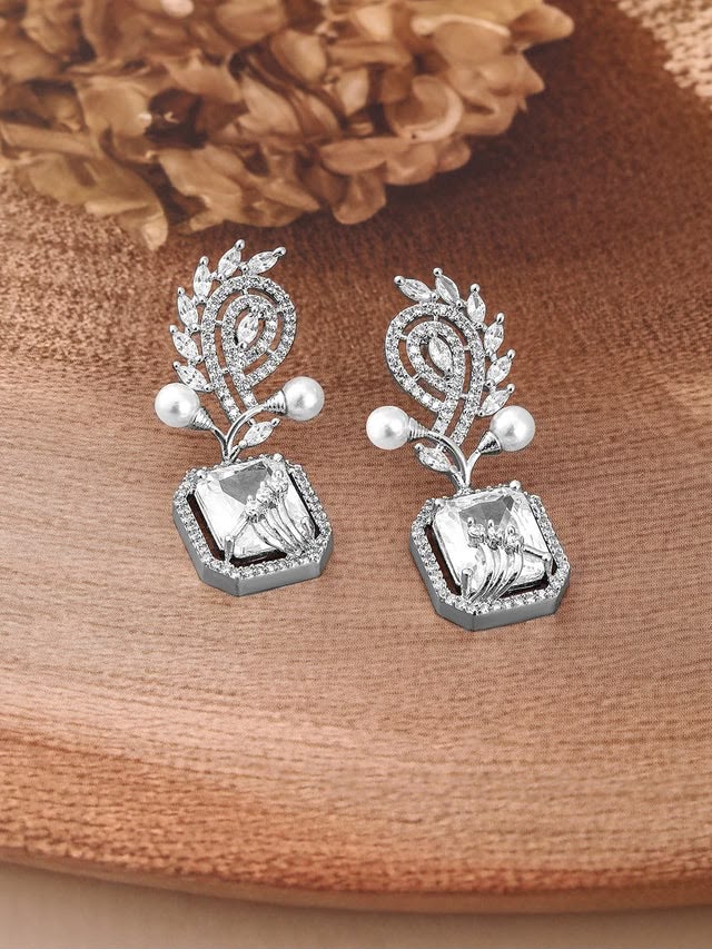 White AD & Cubic Zirconia Studded Premium Drop Earrings