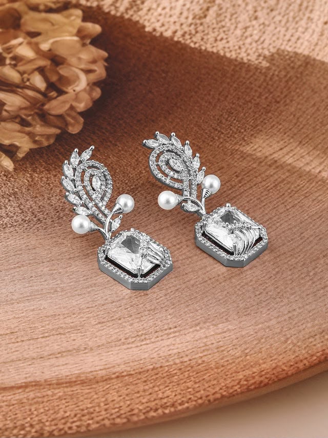 White AD & Cubic Zirconia Studded Premium Drop Earrings