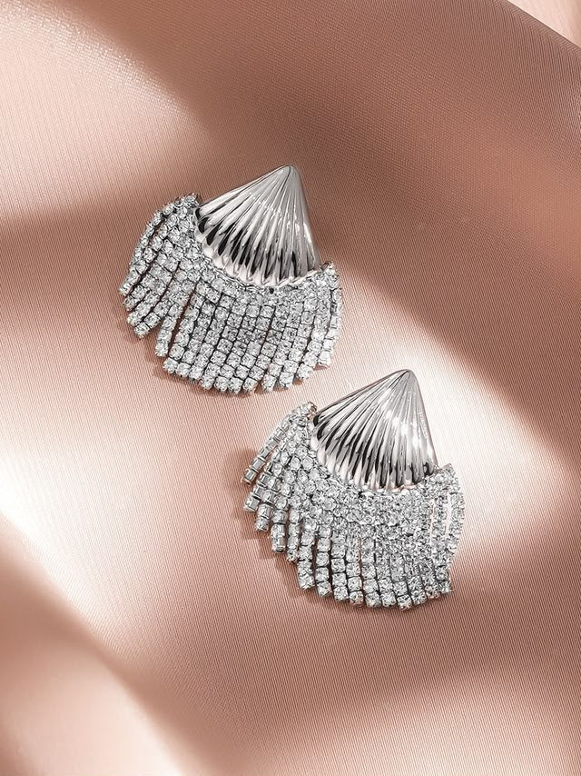Shell Motif White Crystal AD Studded Statement Earring