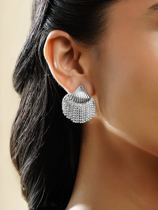 Shell Motif White Crystal AD Studded Statement Earring