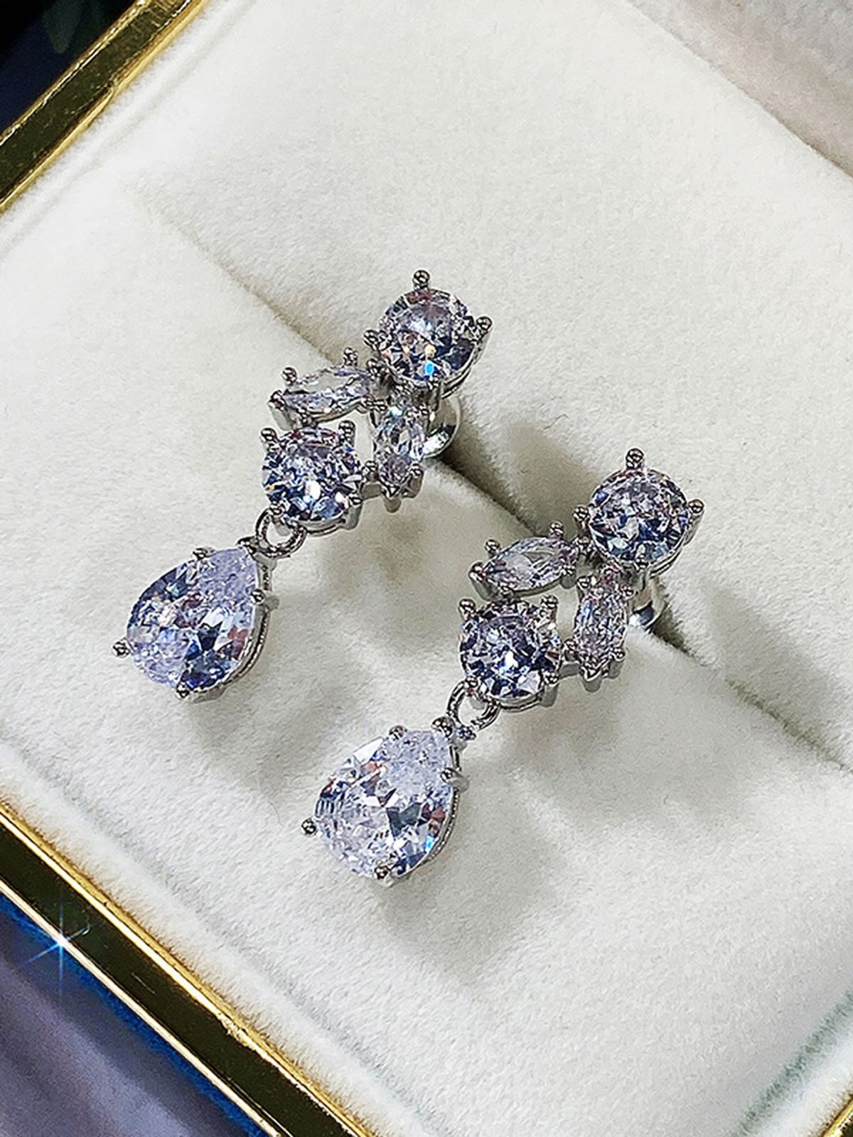 Silver Plated American Diamond Contemporary Crushed Ice Cut Drop Earrings