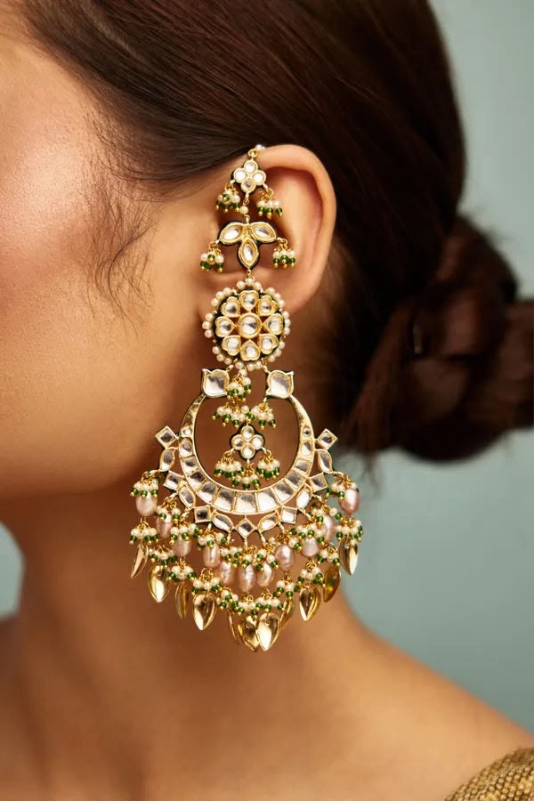 Gold Finish Kundan Pipalpatti Chandbali Earrings