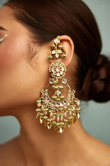Gold Finish Kundan Pipalpatti Chandbali Earrings