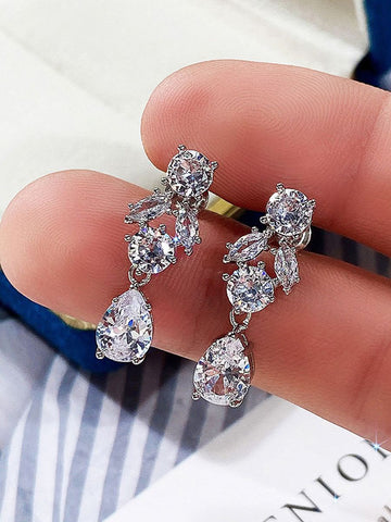 Silver Plated American Diamond Contemporary Crushed Ice Cut Drop Earrings