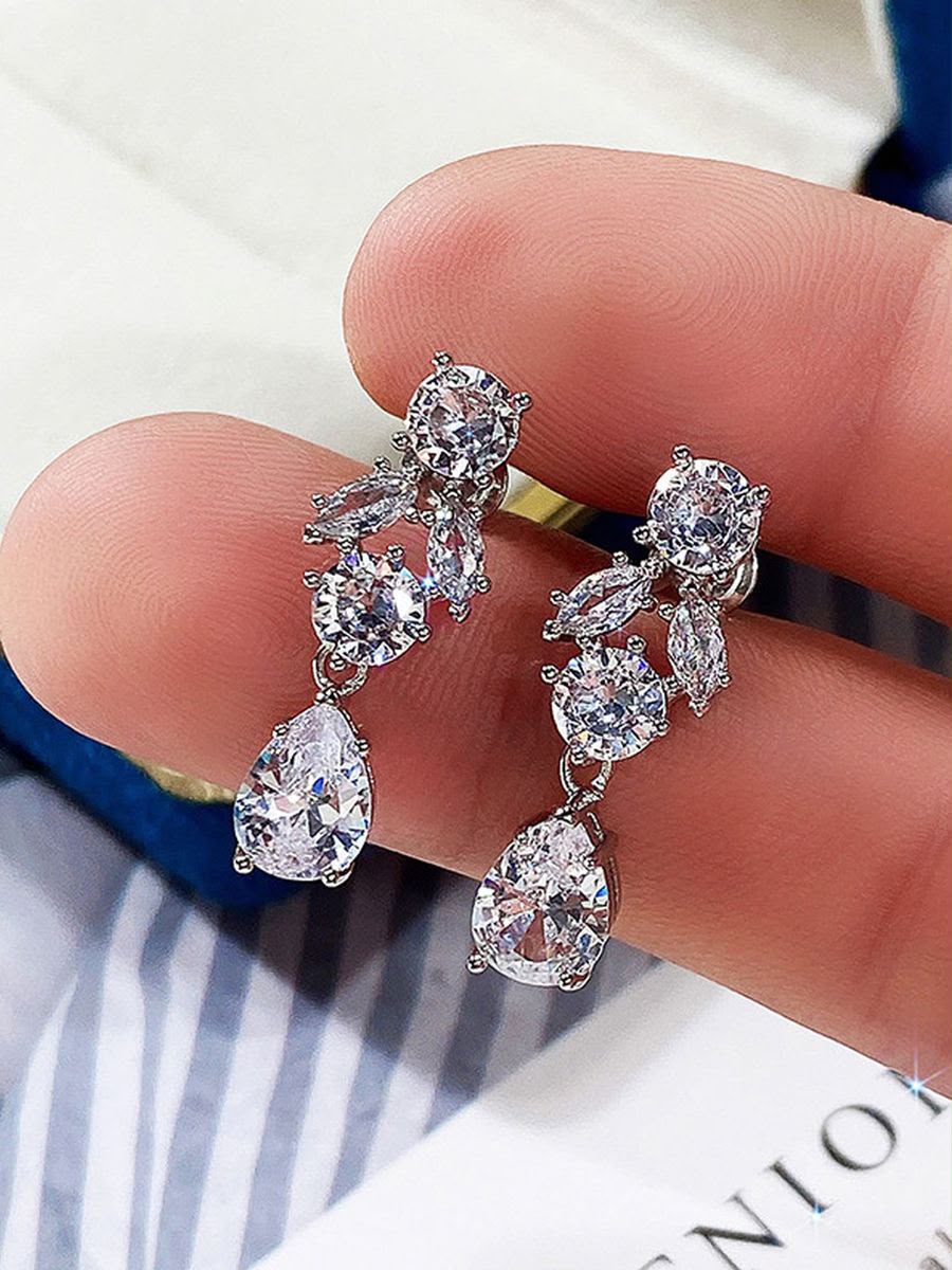 Silver Plated American Diamond Contemporary Crushed Ice Cut Drop Earrings
