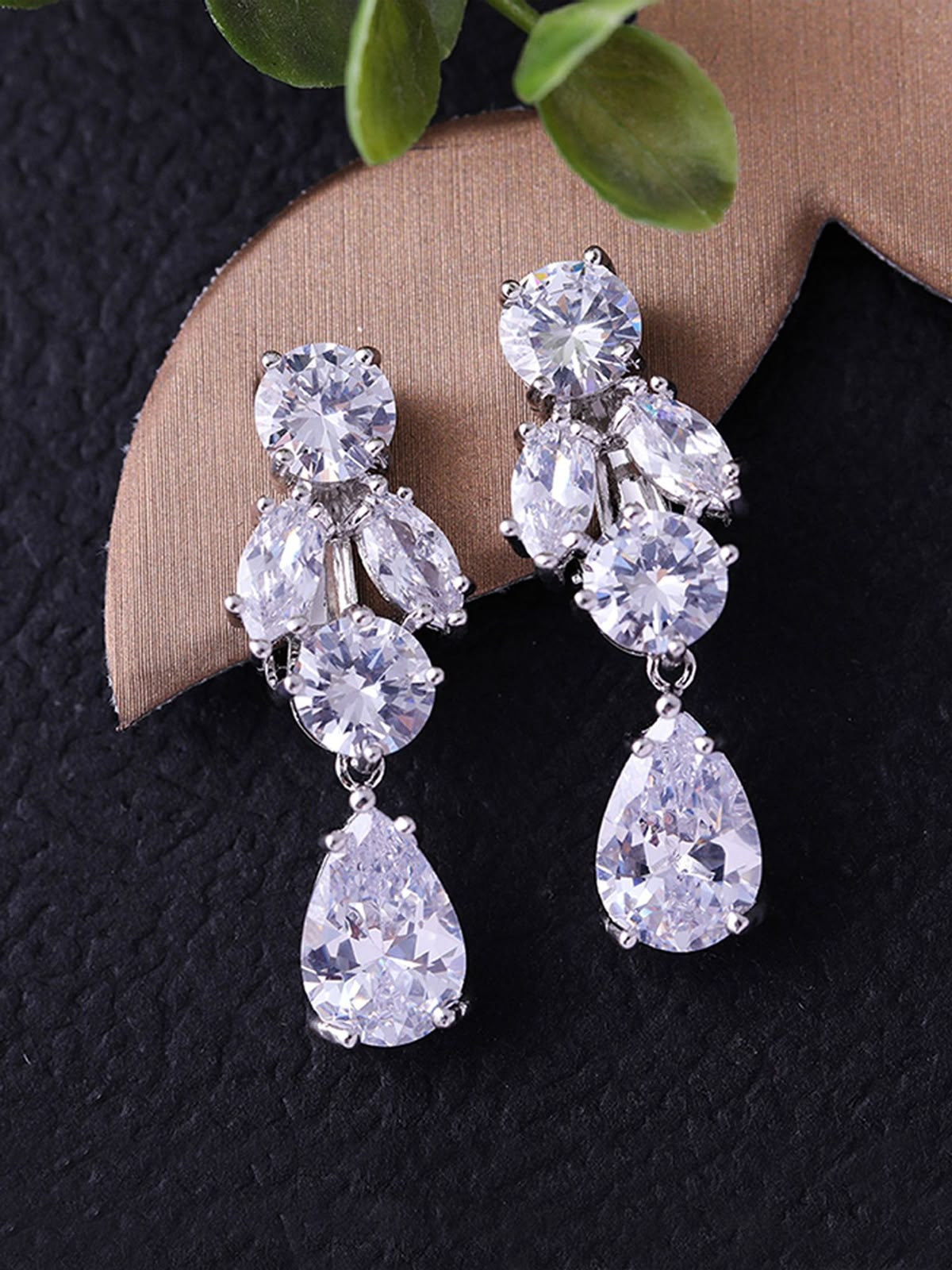 Silver Plated American Diamond Contemporary Crushed Ice Cut Drop Earrings