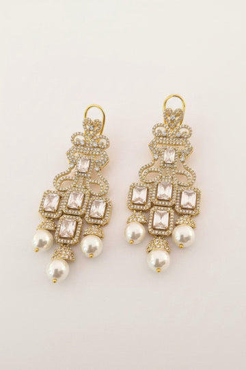 Gold-Plated Polki Kundan Pearl Chandelier Earrings
