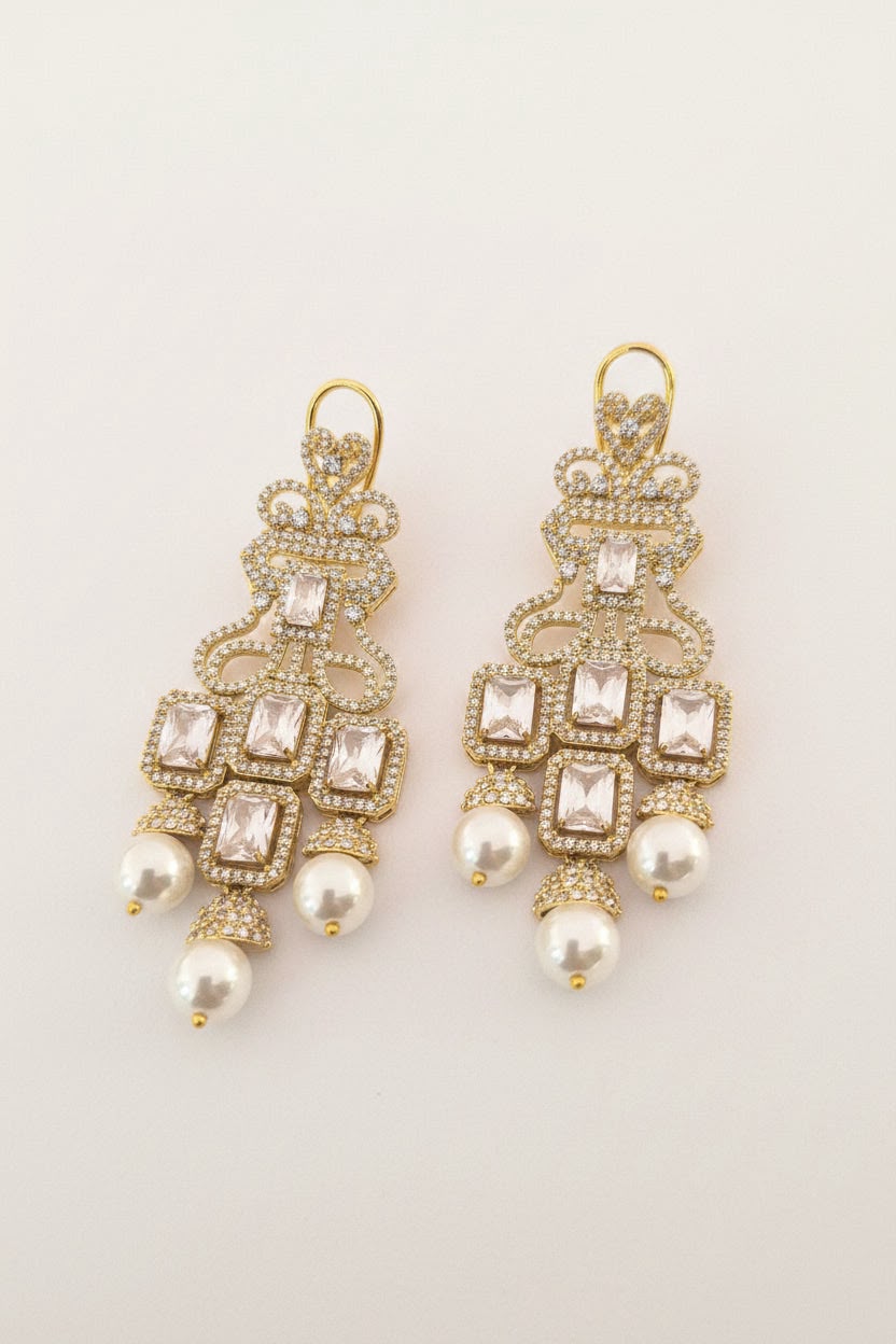 Gold-Plated Polki Kundan Pearl Chandelier Earrings