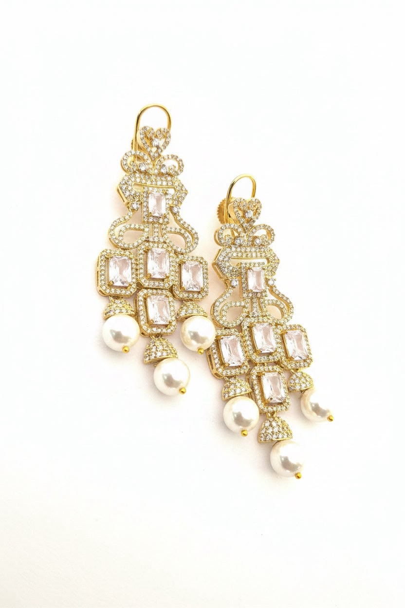 Gold-Plated Polki Kundan Pearl Chandelier Earrings