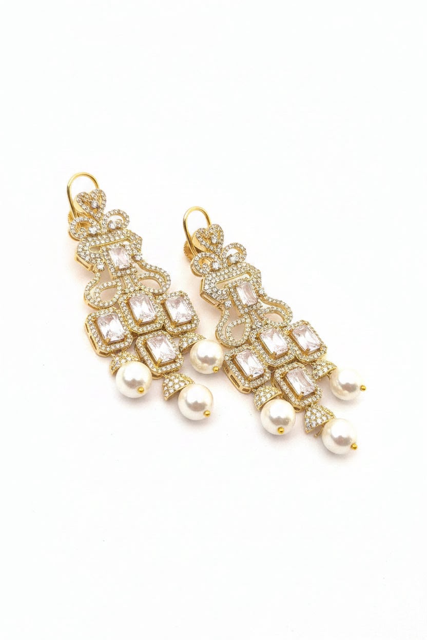 Gold-Plated Polki Kundan Pearl Chandelier Earrings